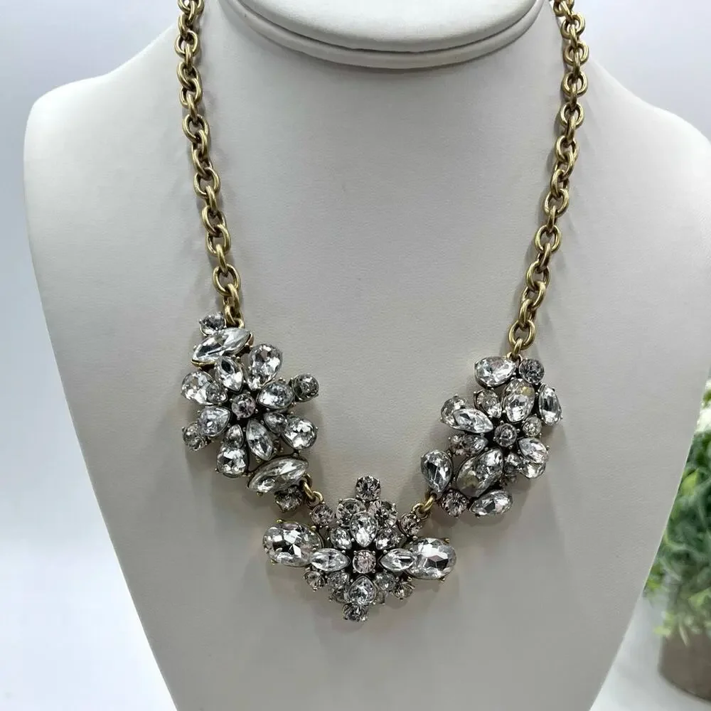 J. CREW Signed Crystal Rhinestone Gold Brass Tone Cluster Statement Necklace New